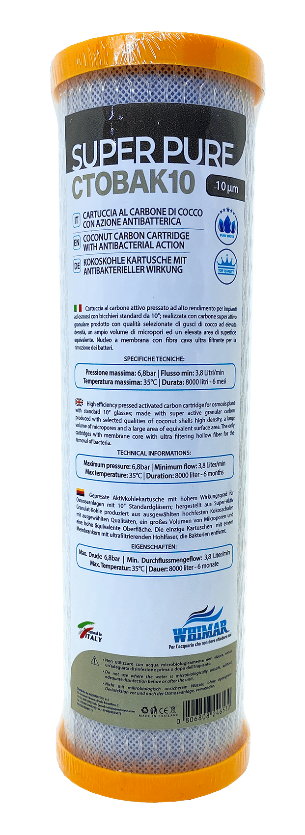 Whimar SuperPure CTOBAK10 - 10um carbon block cartridge with ultra-filter core with antibacterial action